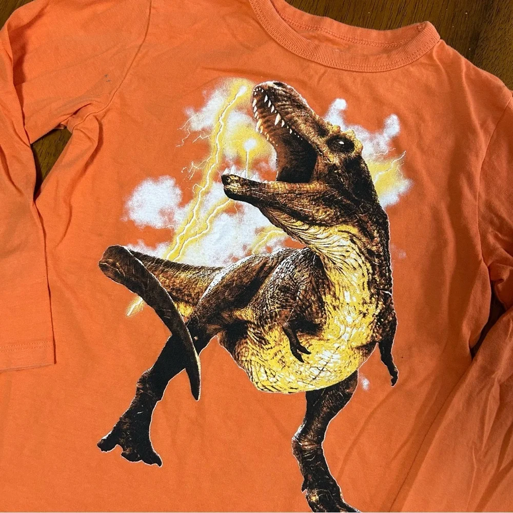 Orange Dinosaur Long Sleeve Graphic Tee Shirt | Boys S(5/6) | T-Rex & Lightening